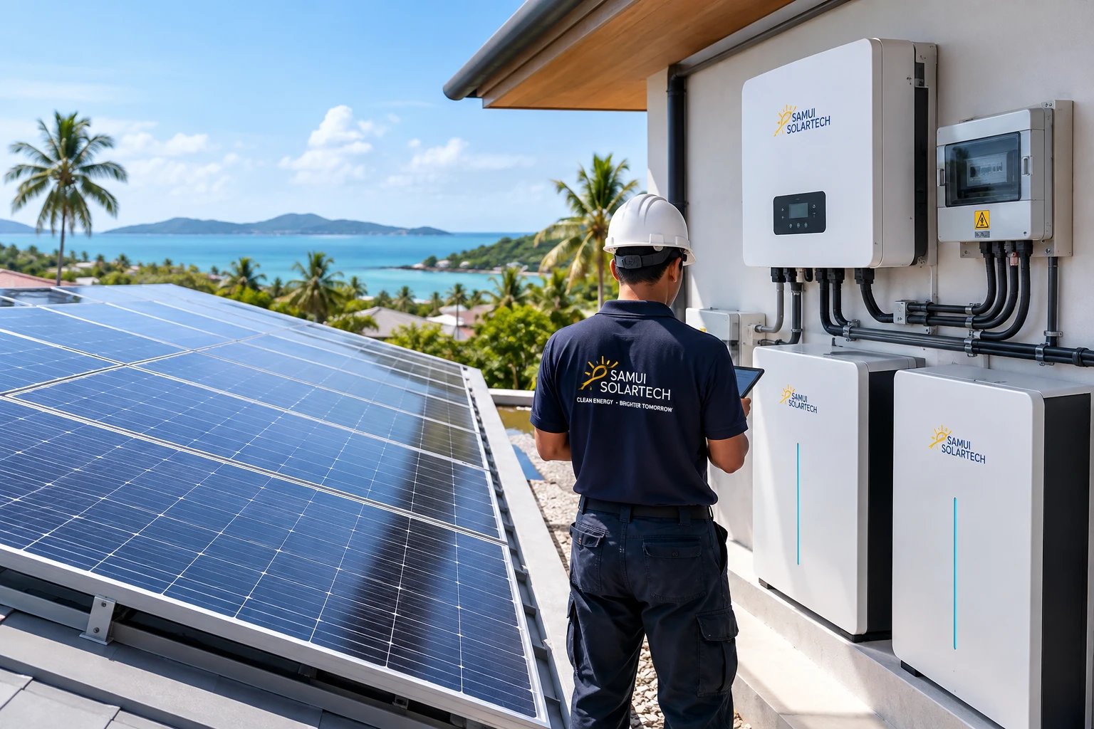 Techniker mit Tablet neben einem Solar-Batteriespeichersystem für Zuhause auf Koh Samui