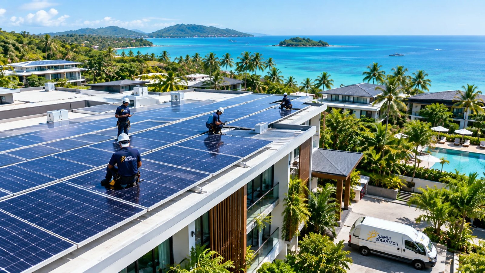 Techniker montieren Solarmodule auf dem Dach eines Resort-Gebäudes auf Koh Samui, unten der Firmenwagen
