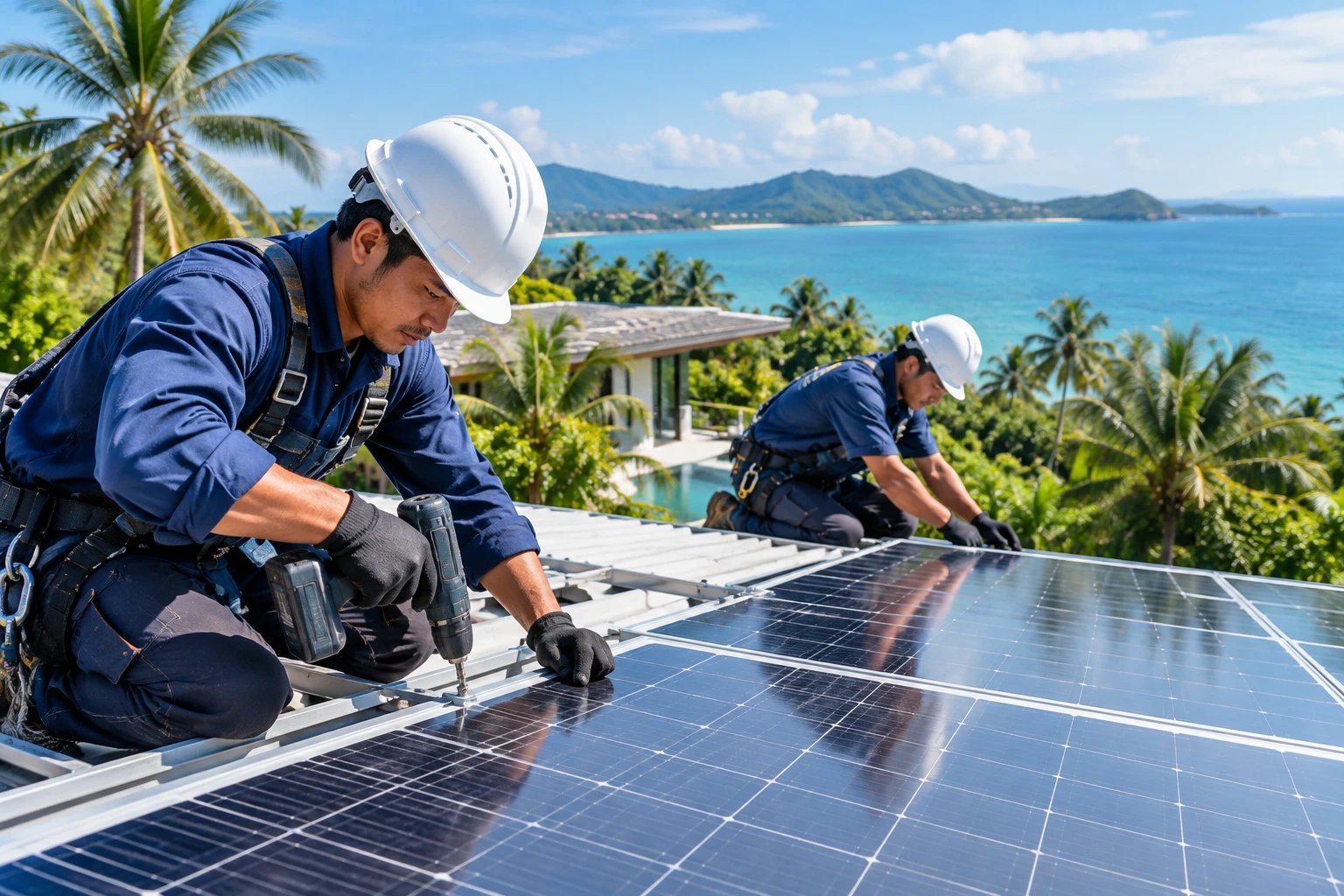 Zwei Techniker bohren und befestigen Solarmodule auf einem Dach über Pool und Bucht auf Koh Samui