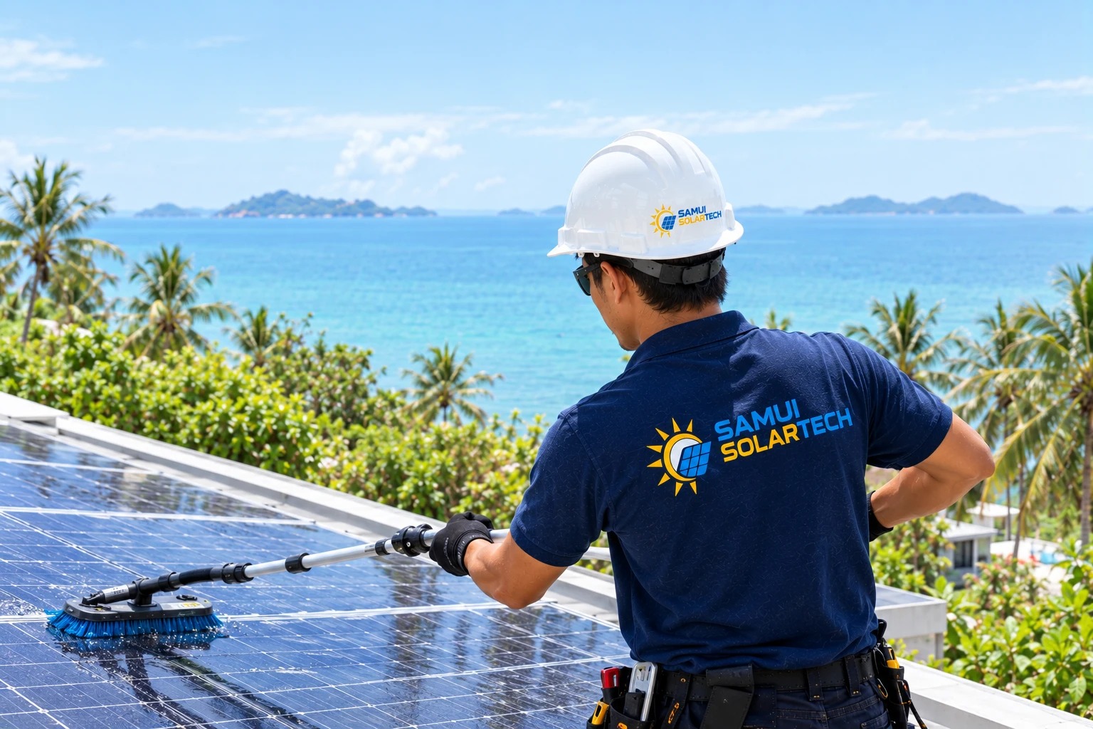 Technician cleaning rooftop solar panels with a brush tool in Koh Samui