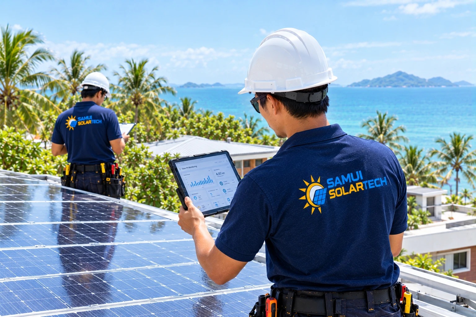 Technician checking solar panel performance on a tablet during a maintenance visit in Koh Samui