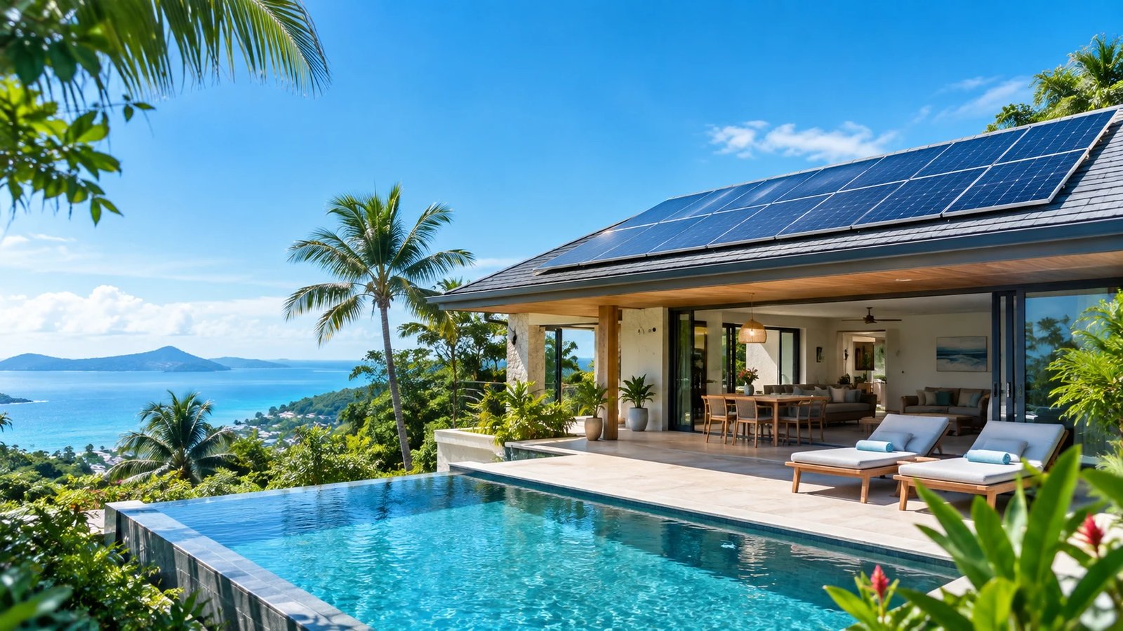 Moderne Villa auf Koh Samui mit Solarmodulen auf dem Dach, Infinity-Pool und Terrasse mit Meerblick